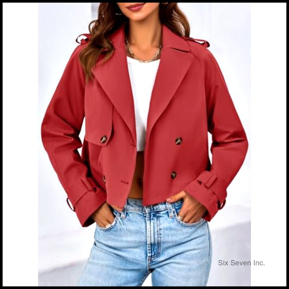 Cropped Trench Coat Double Breasted Lapel Casual Jacket Lightweight Vintage - Picture 2 of 7